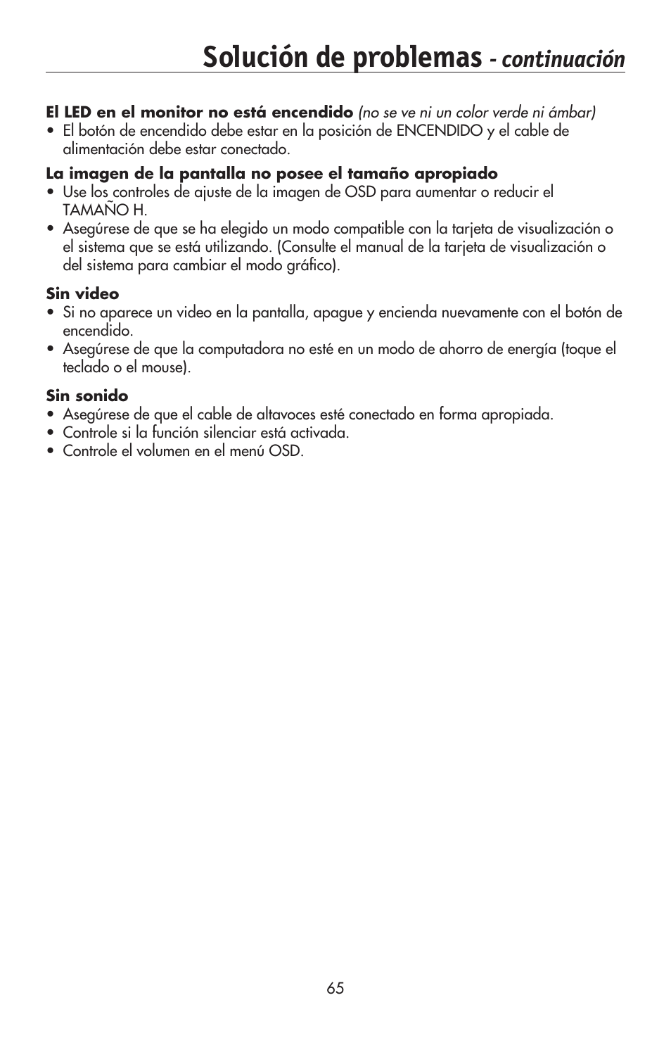 Solución de problemas, Continuación | NEC AccuSync LCD224WXM User Manual | Page 66 / 78