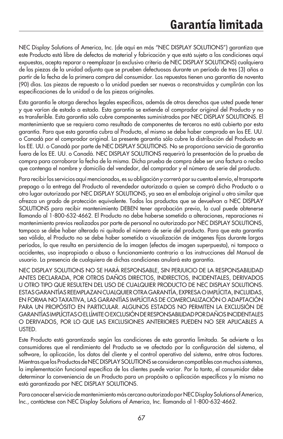 Garantía limitada | NEC AccuSync LCD224WXM User Manual | Page 68 / 78