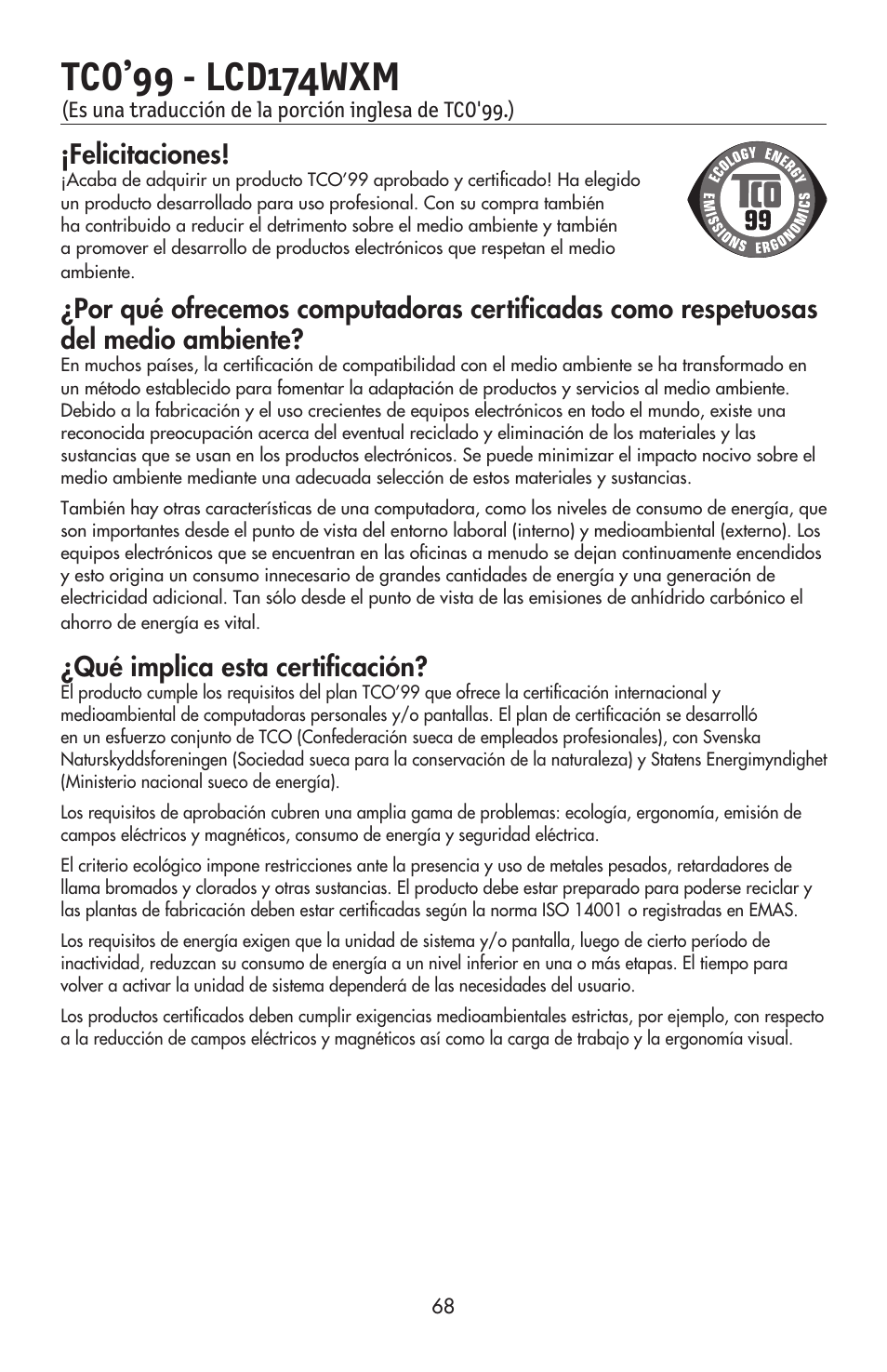 Felicitaciones, Qué implica esta certifi cación | NEC AccuSync LCD224WXM User Manual | Page 69 / 78