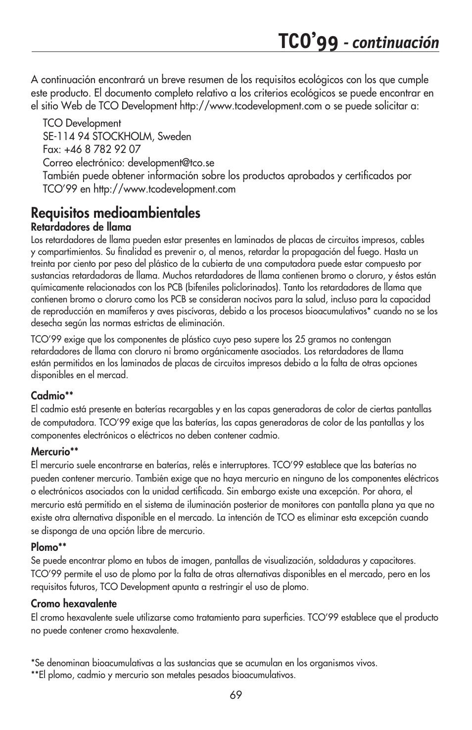 Tco’99, Continuación, Requisitos medioambientales | NEC AccuSync LCD224WXM User Manual | Page 70 / 78