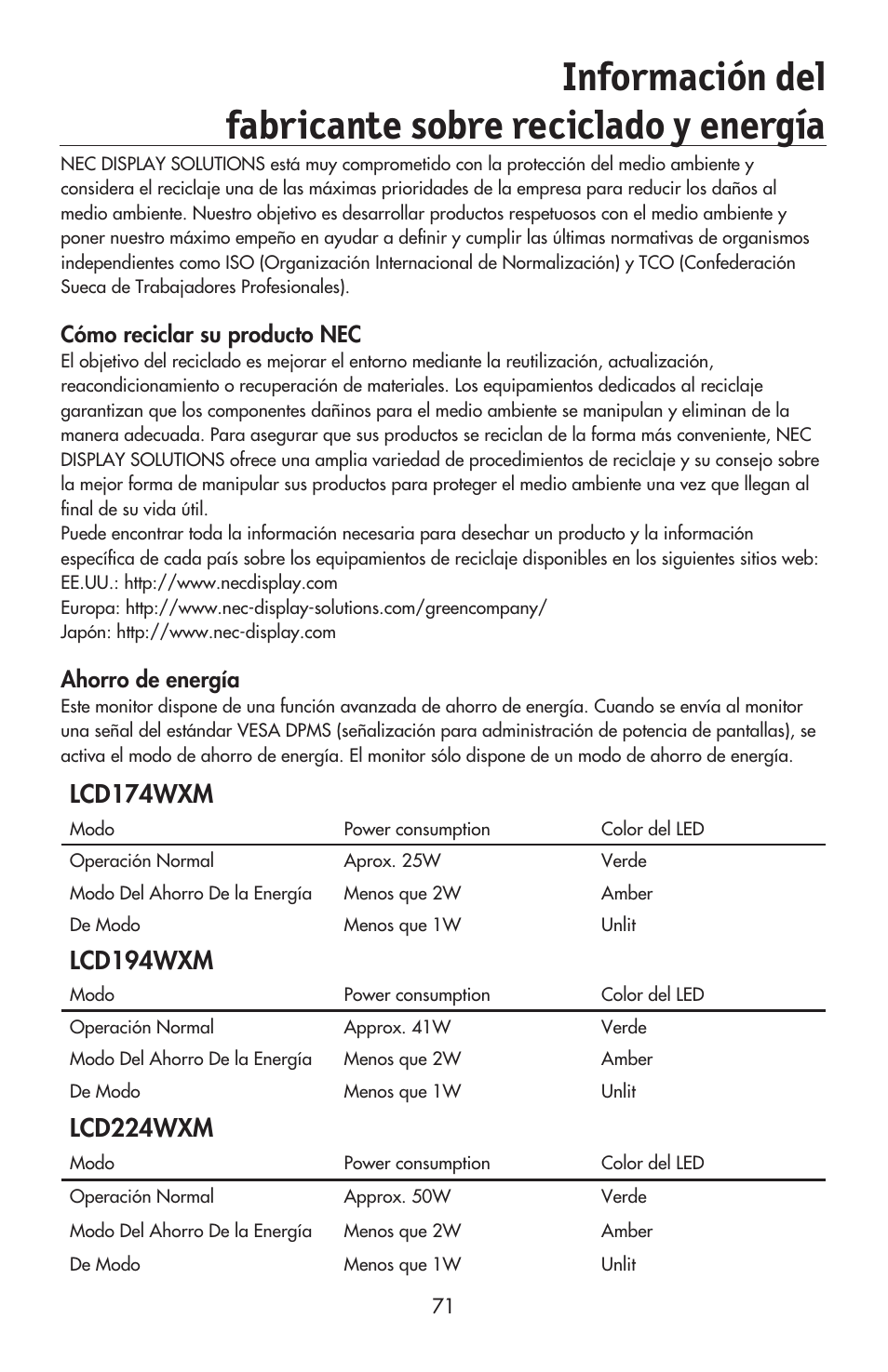 Lcd174wxm, Lcd194wxm, Lcd224wxm | NEC AccuSync LCD224WXM User Manual | Page 72 / 78