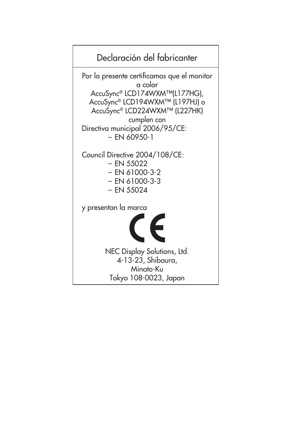 Declaración del fabricanter | NEC AccuSync LCD224WXM User Manual | Page 73 / 78