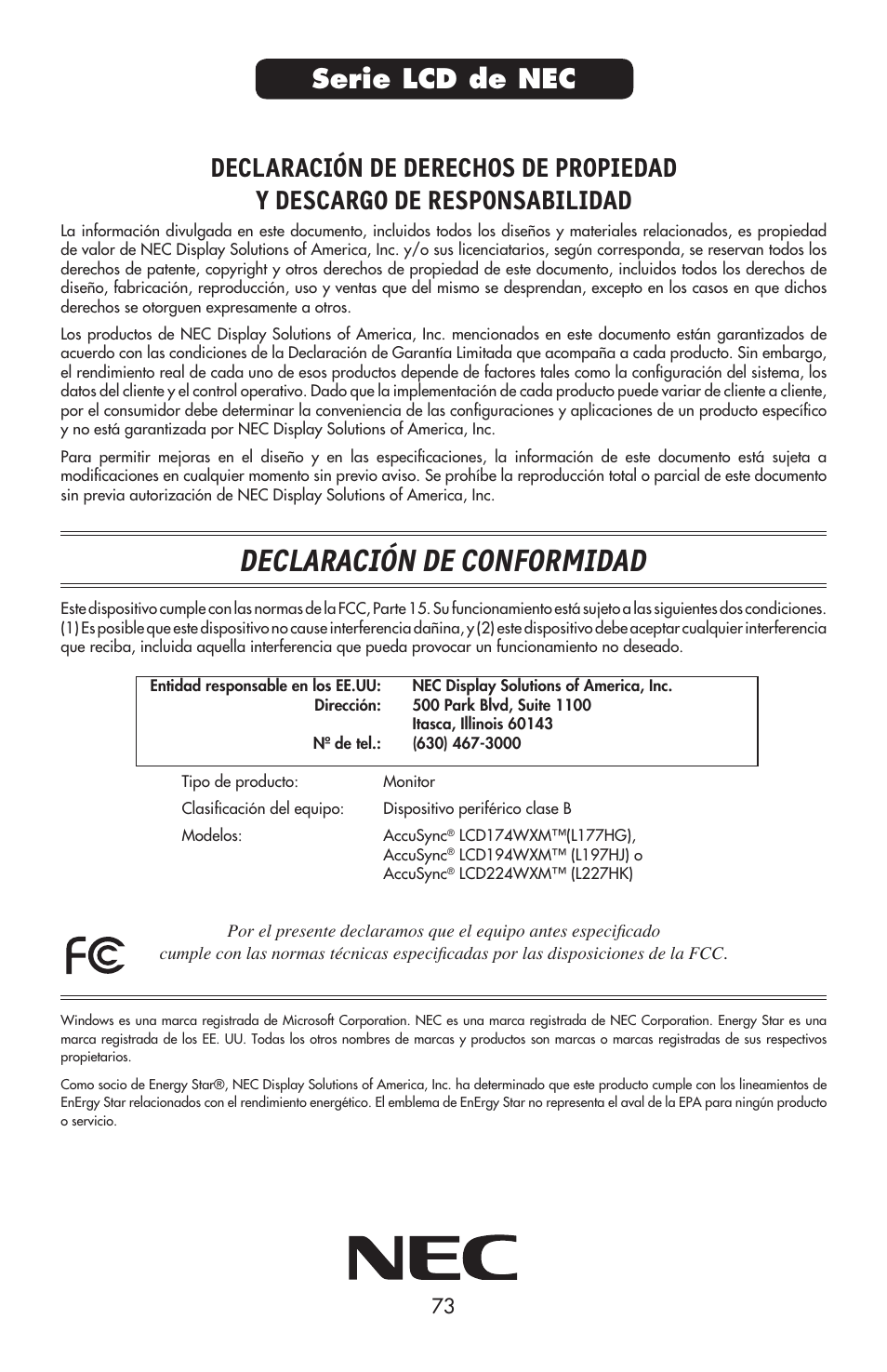 Declaración de conformidad, Serie lcd de nec | NEC AccuSync LCD224WXM User Manual | Page 74 / 78
