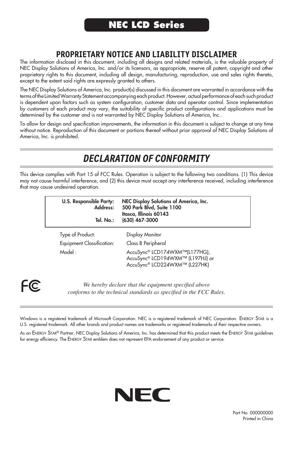 Declaration of conformity, Proprietary notice and liability disclaimer, Nec lcd series | NEC AccuSync LCD224WXM User Manual | Page 78 / 78