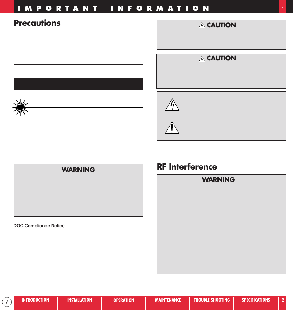 Caution, Precautions, Rf interference | NEC MT830 User Manual | Page 2 / 55