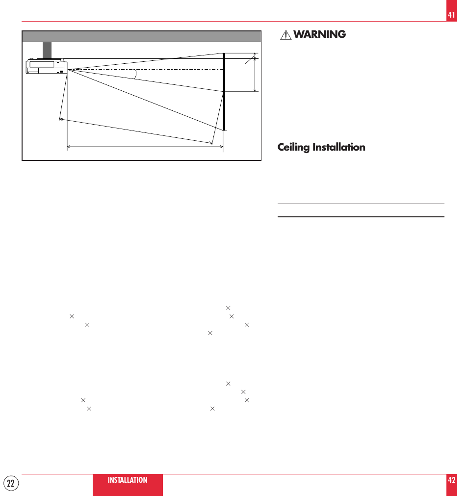 Warning, Ceiling installation | NEC MT830 User Manual | Page 22 / 55