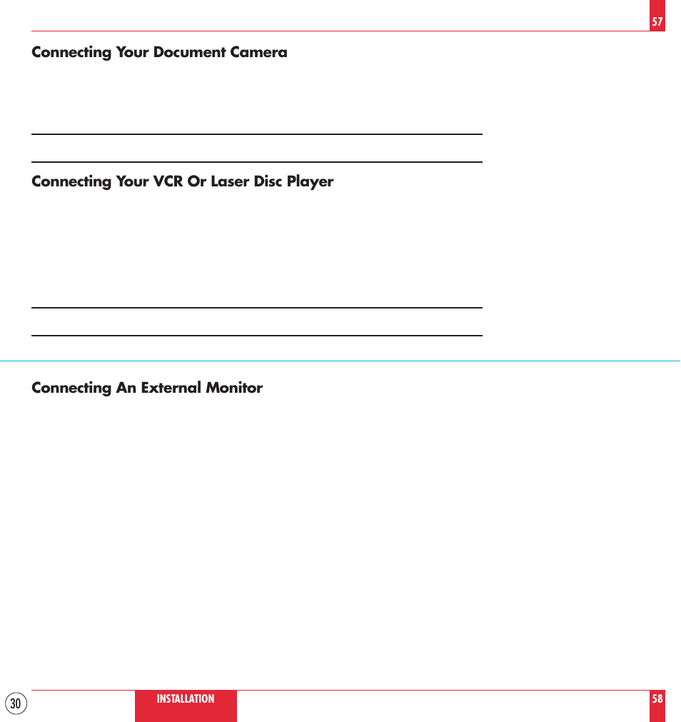 Connecting your document camera, Connecting your vcr or laser disc player, Connecting an external monitor | NEC MT830 User Manual | Page 30 / 55