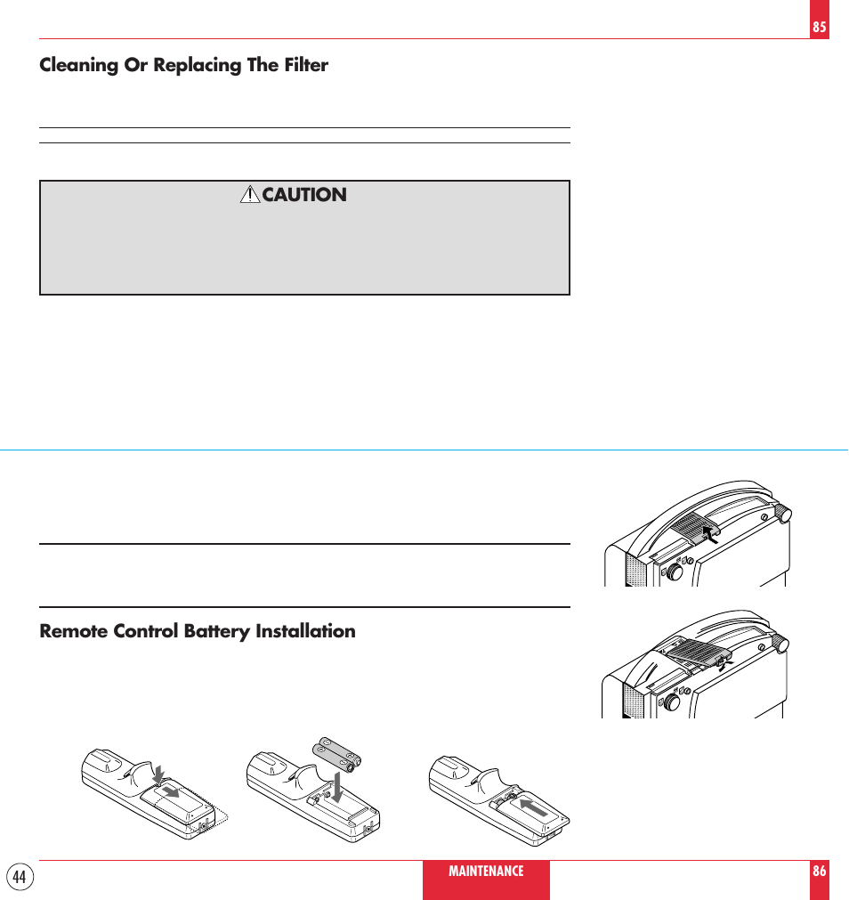 Cleaning or replacing the filter, Caution, Remote control battery installation | NEC MT830 User Manual | Page 44 / 55