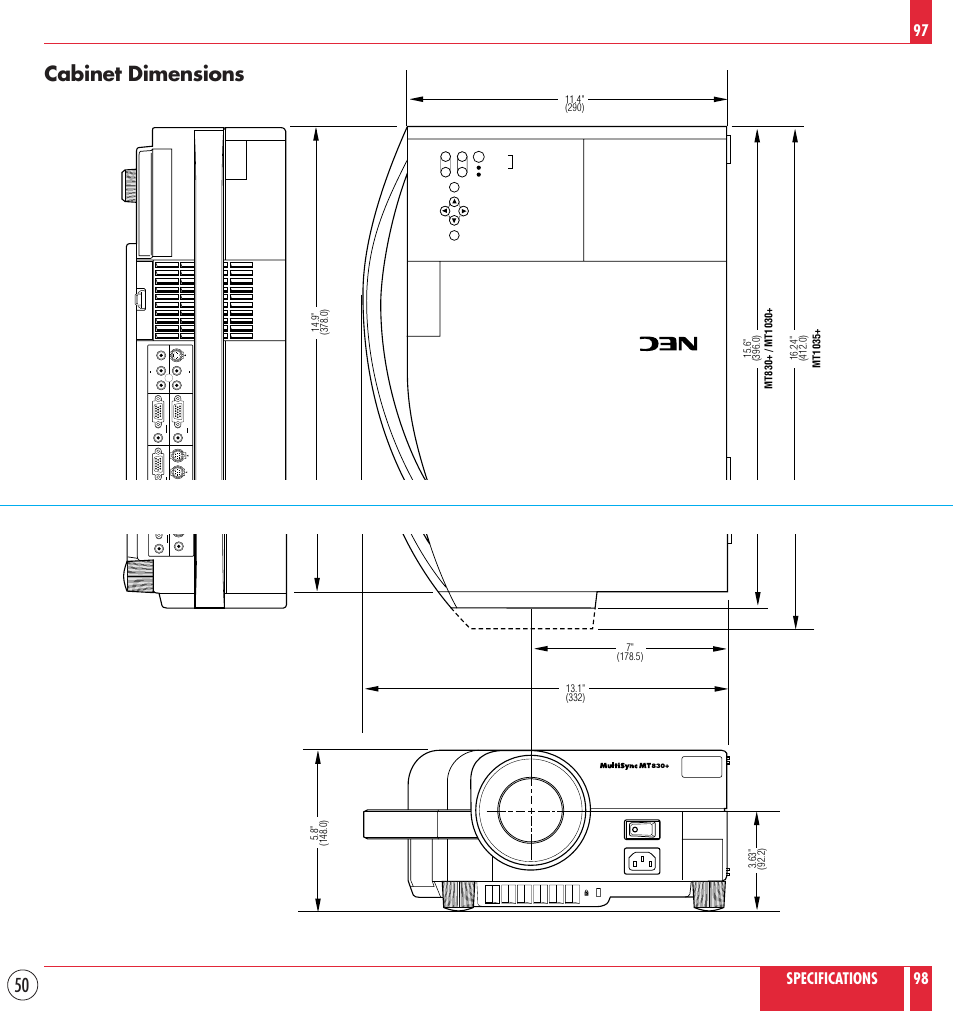 Cabinet dimensions, Specifications 97 98, Unit : inch (mm) | NEC MT830 User Manual | Page 50 / 55