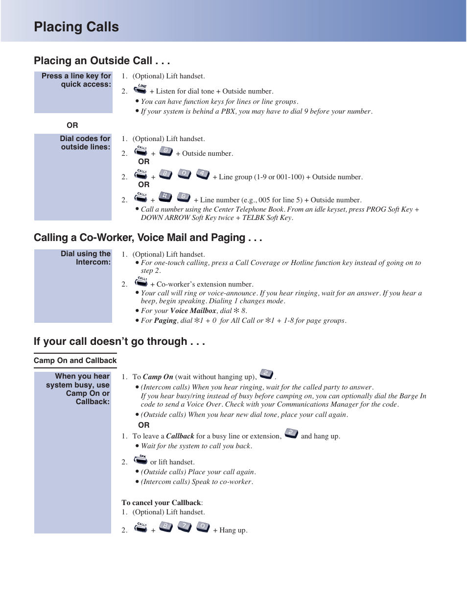 Placing calls, Placing an outside call, Calling a co-worker, voice mail and paging | If your call doesn’t go through | NEC Aspire 4-Button IP Keyset User Manual | Page 5 / 14