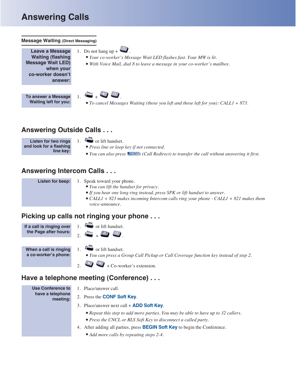 Answering calls, Answering outside calls, Answering intercom calls | Picking up calls not ringing your phone, Have a telephone meeting (conference) | NEC Aspire 4-Button IP Keyset User Manual | Page 6 / 14