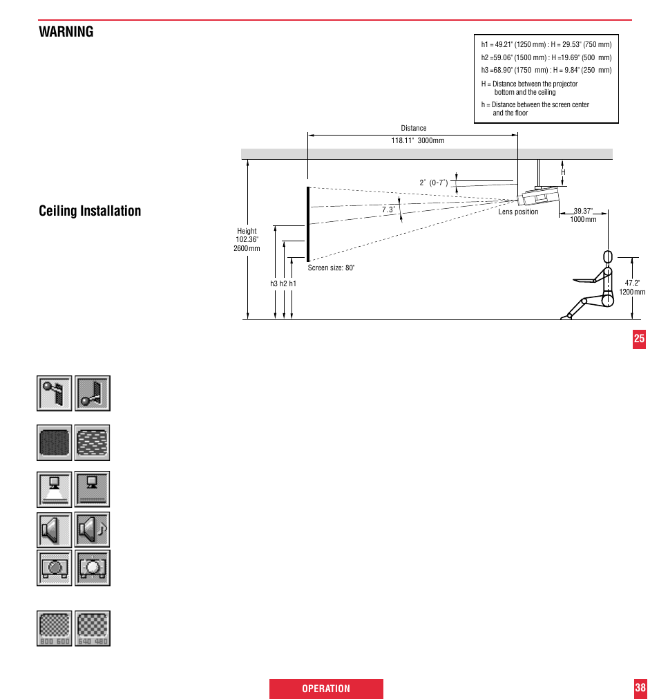Warning, Ceiling installation | NEC MT600 User Manual | Page 26 / 32