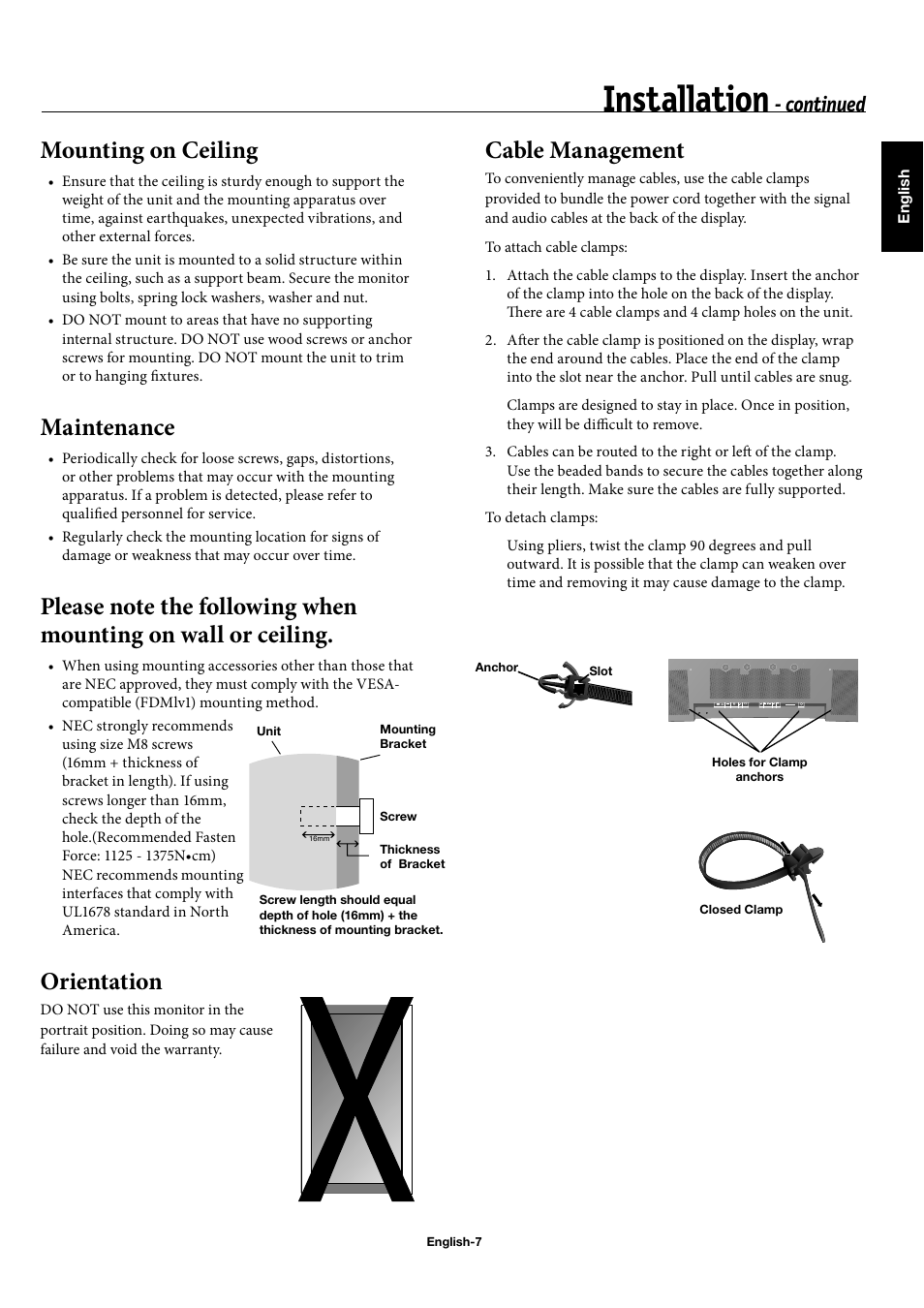 Installation, Mounting on ceiling, Maintenance | Orientation, Cable management, Continued | NEC 50XC10 User Manual | Page 10 / 41