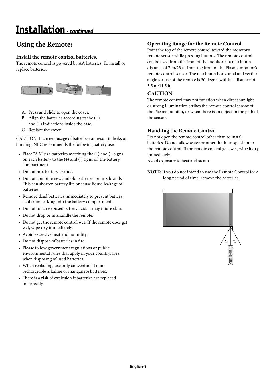 Installation, Using the remote, Continued | NEC 50XC10 User Manual | Page 11 / 41