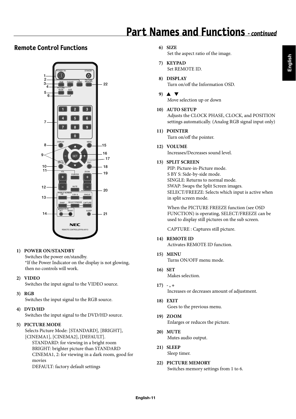 Part names and functions, Continued, Remote control functions | NEC 50XC10 User Manual | Page 14 / 41