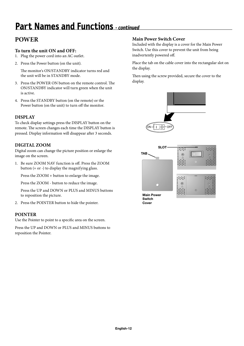 Part names and functions, Power, Continued | NEC 50XC10 User Manual | Page 15 / 41