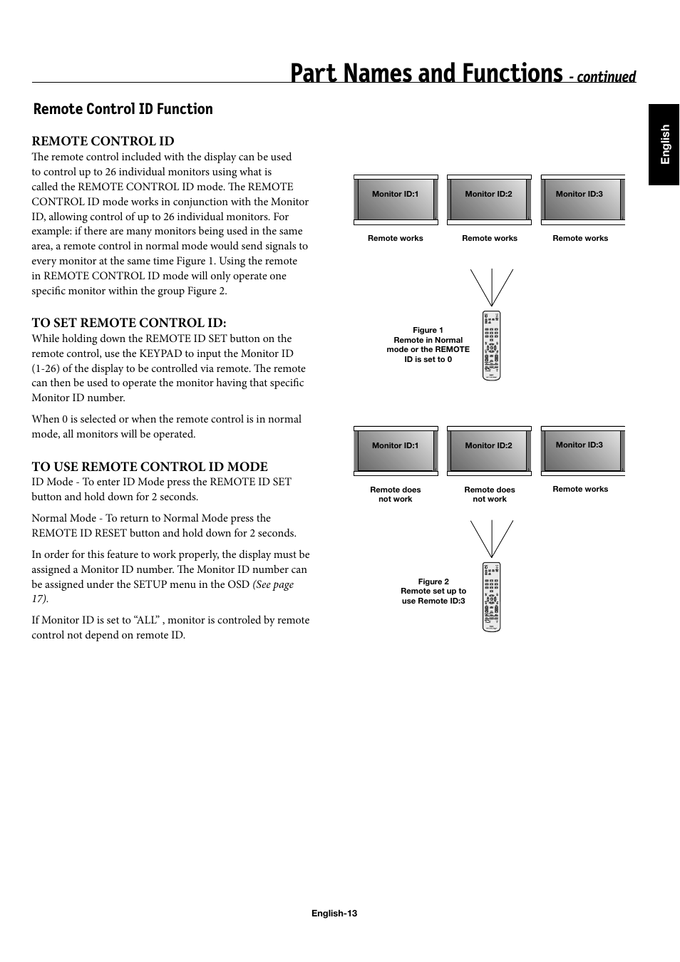 Part names and functions, Remote control id function, Continued | Remote control id | NEC 50XC10 User Manual | Page 16 / 41