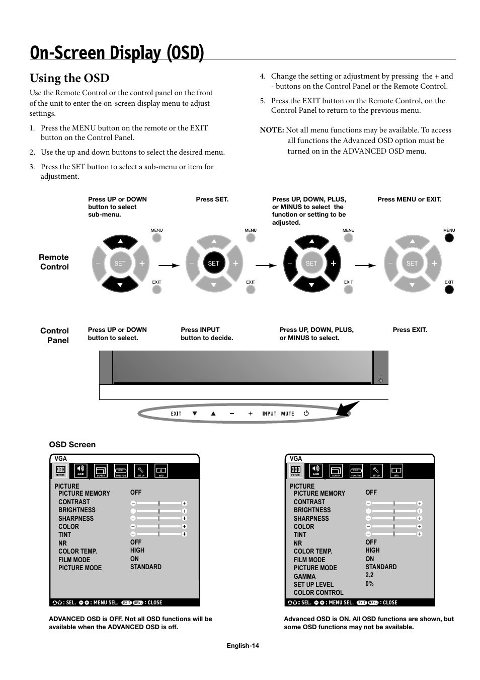 On-screen display (osd), Using the osd, Remote control control panel osd screen | NEC 50XC10 User Manual | Page 17 / 41