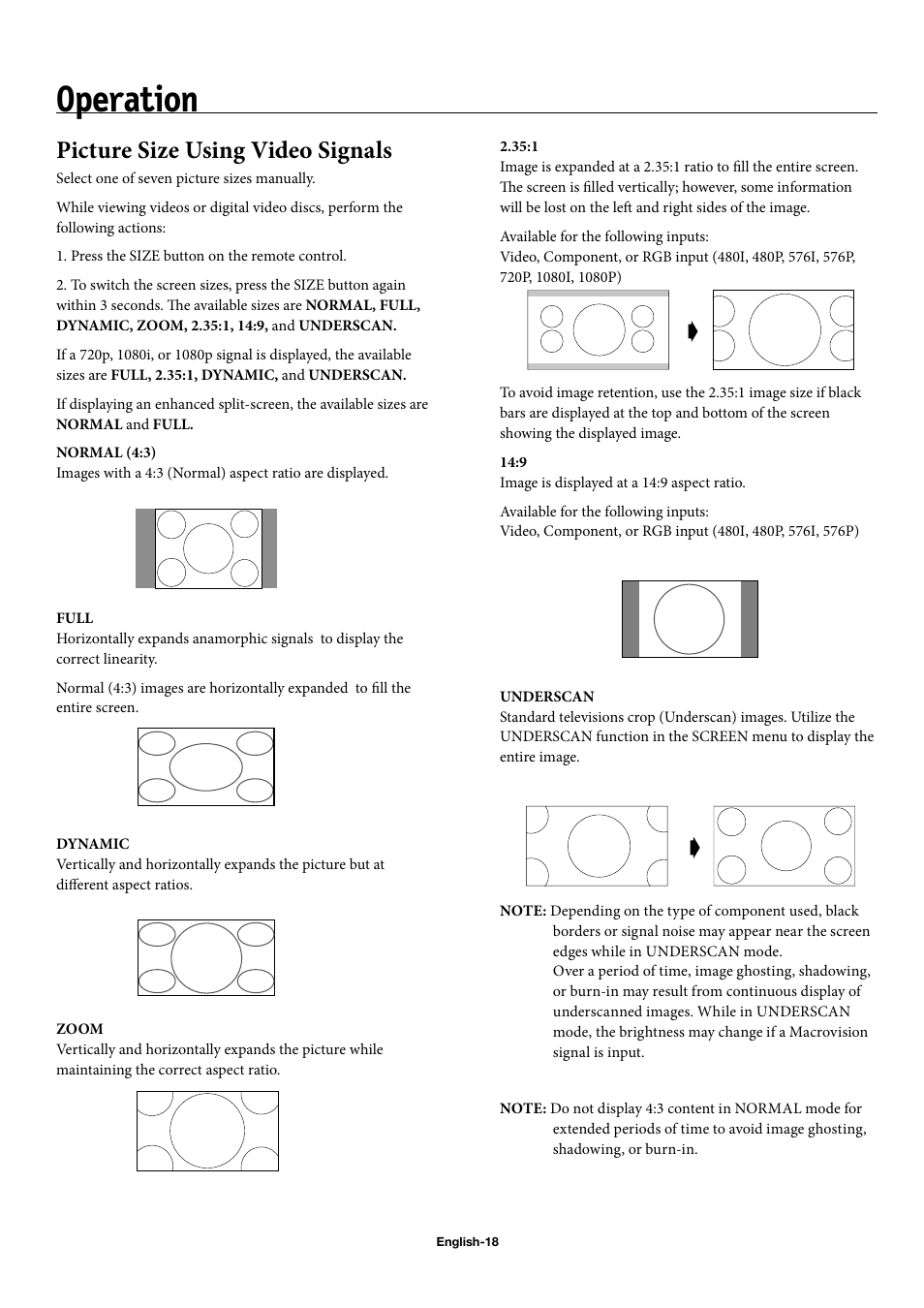 Operation, Picture size using video signals | NEC 50XC10 User Manual | Page 21 / 41