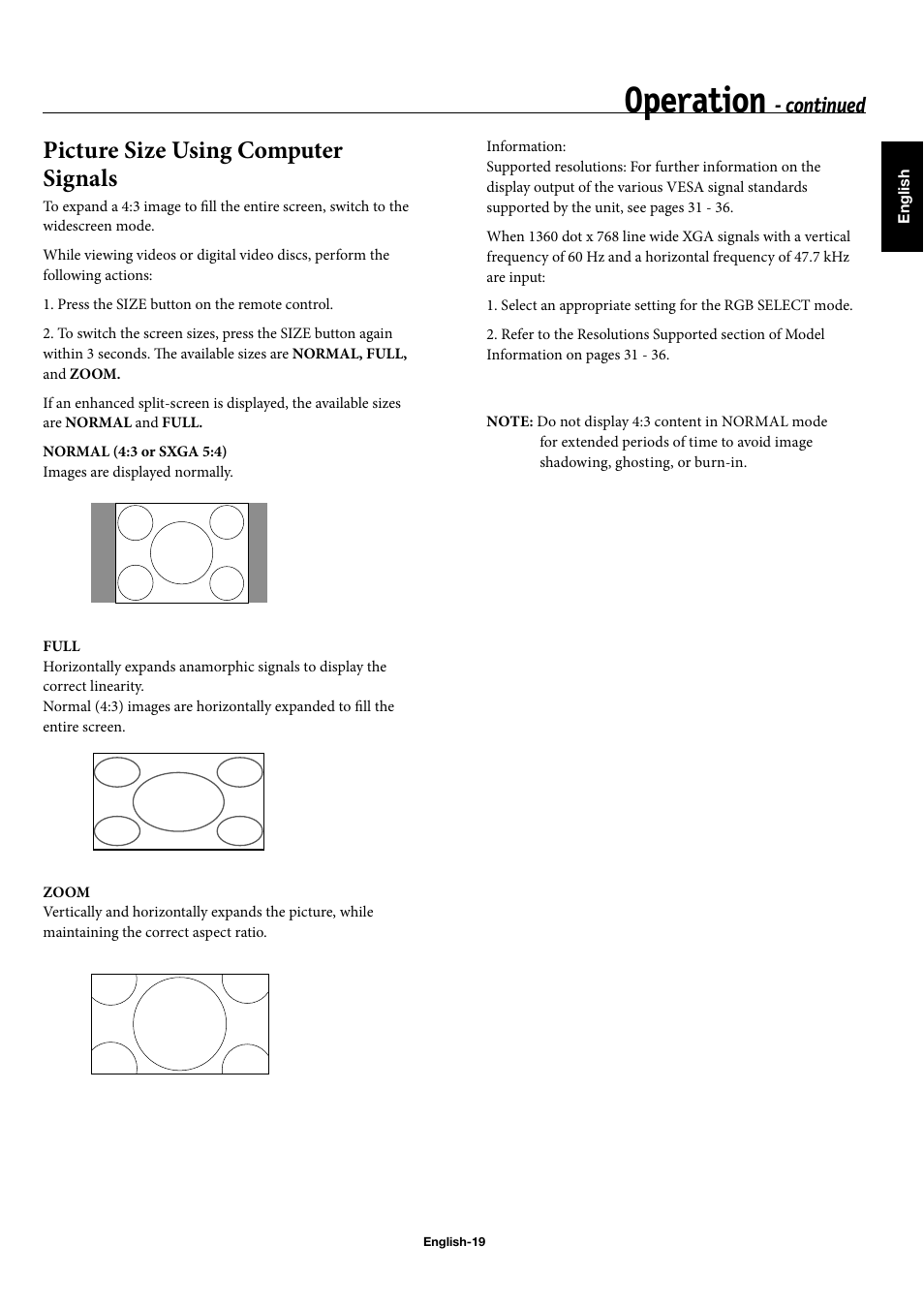 Operation, Picture size using computer signals, Continued | NEC 50XC10 User Manual | Page 22 / 41