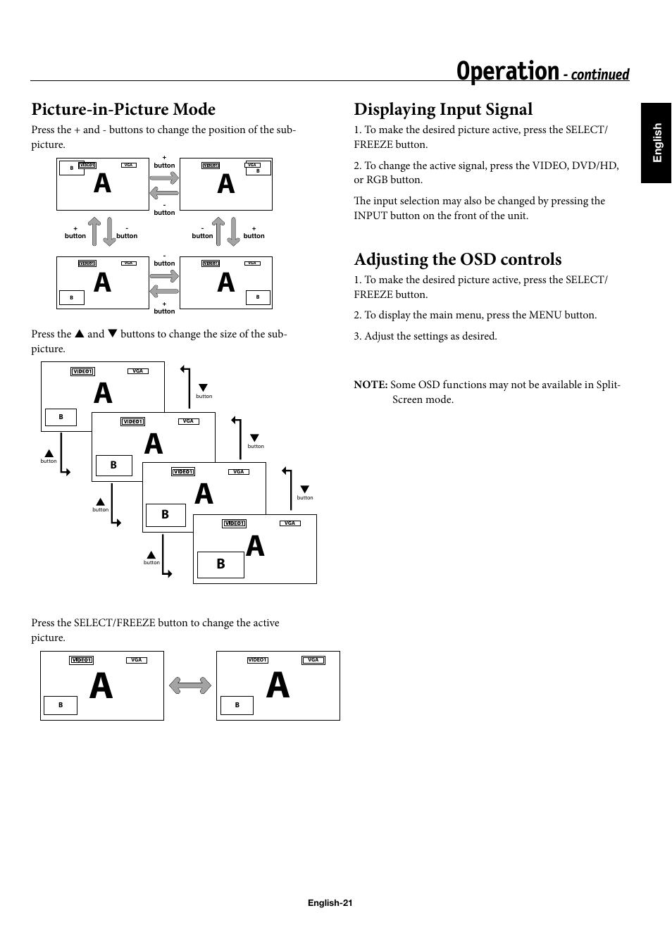 Operation, Picture-in-picture mode, Displaying input signal | Adjusting the osd controls, Continued | NEC 50XC10 User Manual | Page 24 / 41