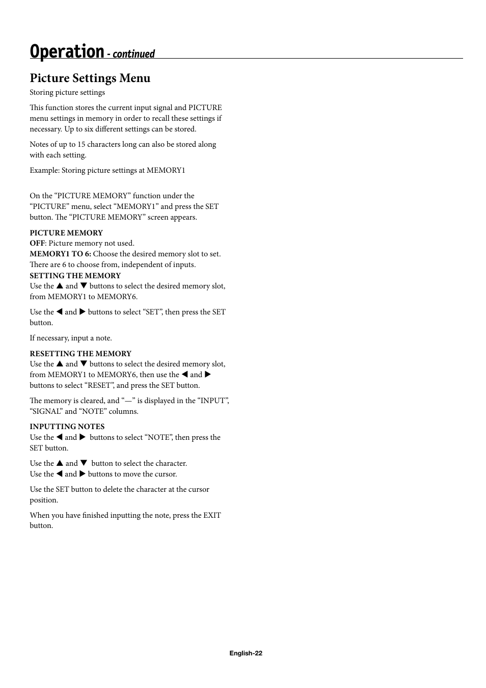 Operation, Picture settings menu, Continued | NEC 50XC10 User Manual | Page 25 / 41