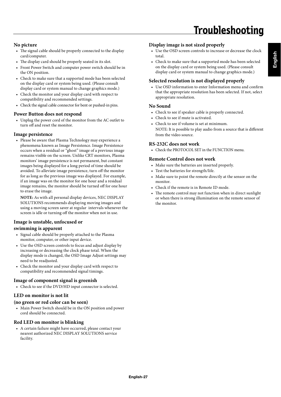 Troubleshooting | NEC 50XC10 User Manual | Page 30 / 41