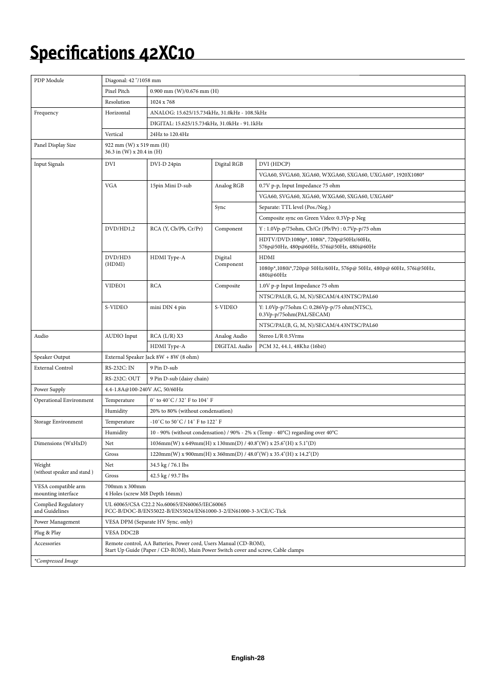 Speciﬁ cations 42xc10 | NEC 50XC10 User Manual | Page 31 / 41