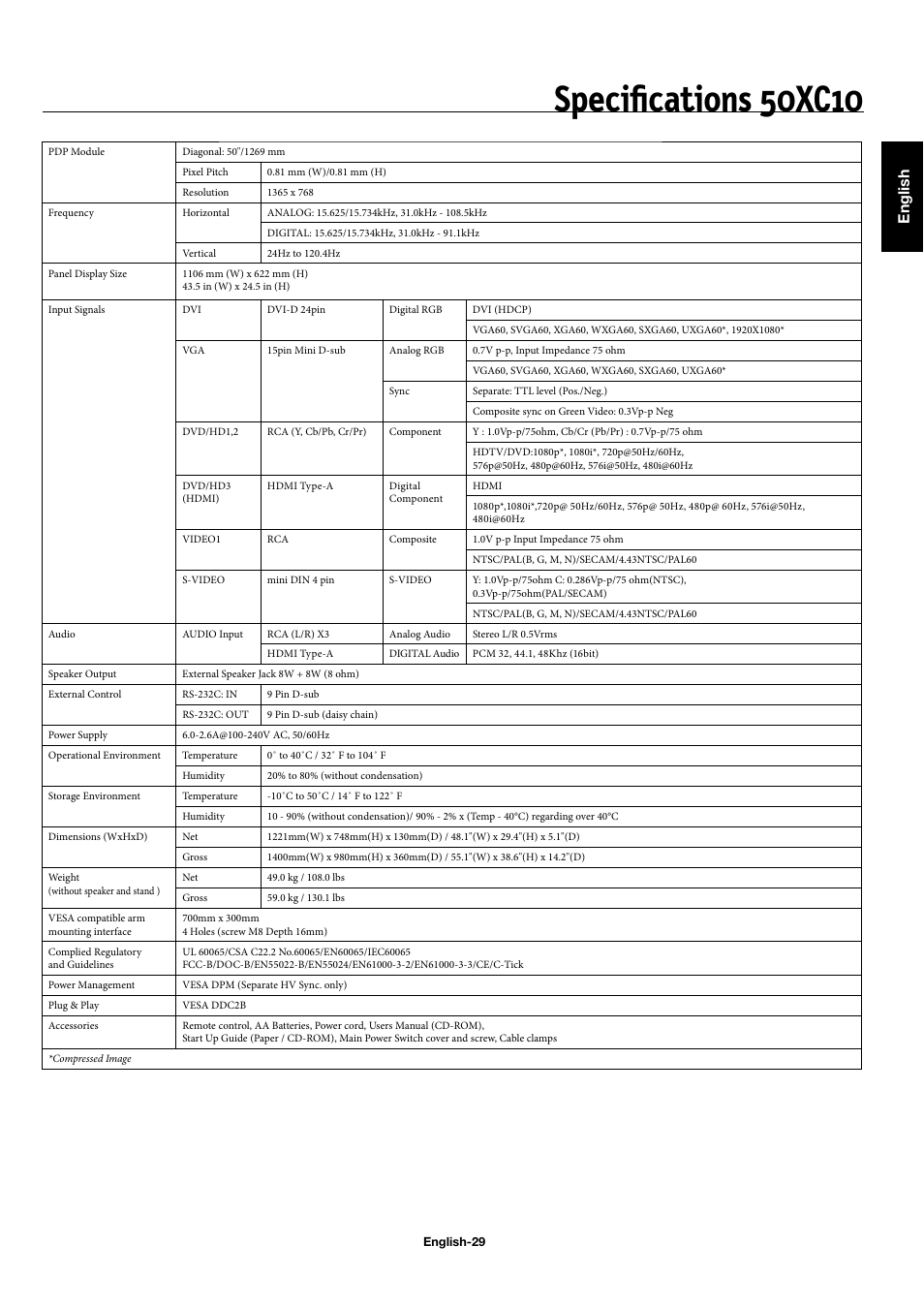 Speciﬁ cations 50xc10, English | NEC 50XC10 User Manual | Page 32 / 41