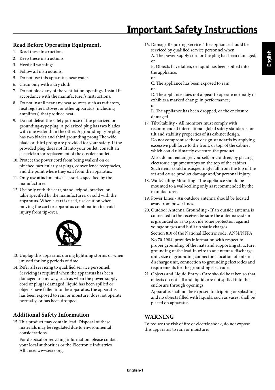 Important safety instructions, Read before operating equipment, Additional safety information | Warning | NEC 50XC10 User Manual | Page 4 / 41