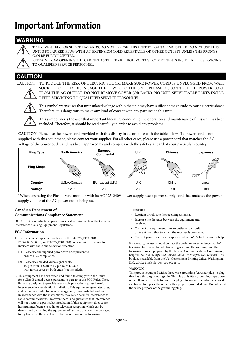 Important information, Warning, Caution | NEC 50XC10 User Manual | Page 5 / 41