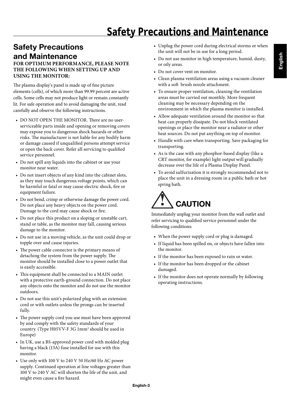 Safety precautions and maintenance, Caution | NEC 50XC10 User Manual | Page 6 / 41