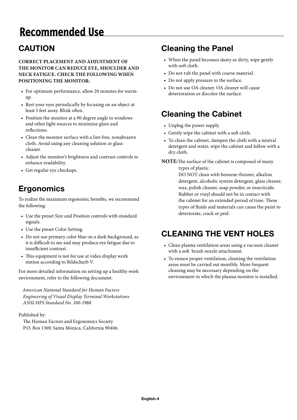 Recommended use, Caution, Ergonomics | Cleaning the panel, Cleaning the cabinet, Cleaning the vent holes | NEC 50XC10 User Manual | Page 7 / 41