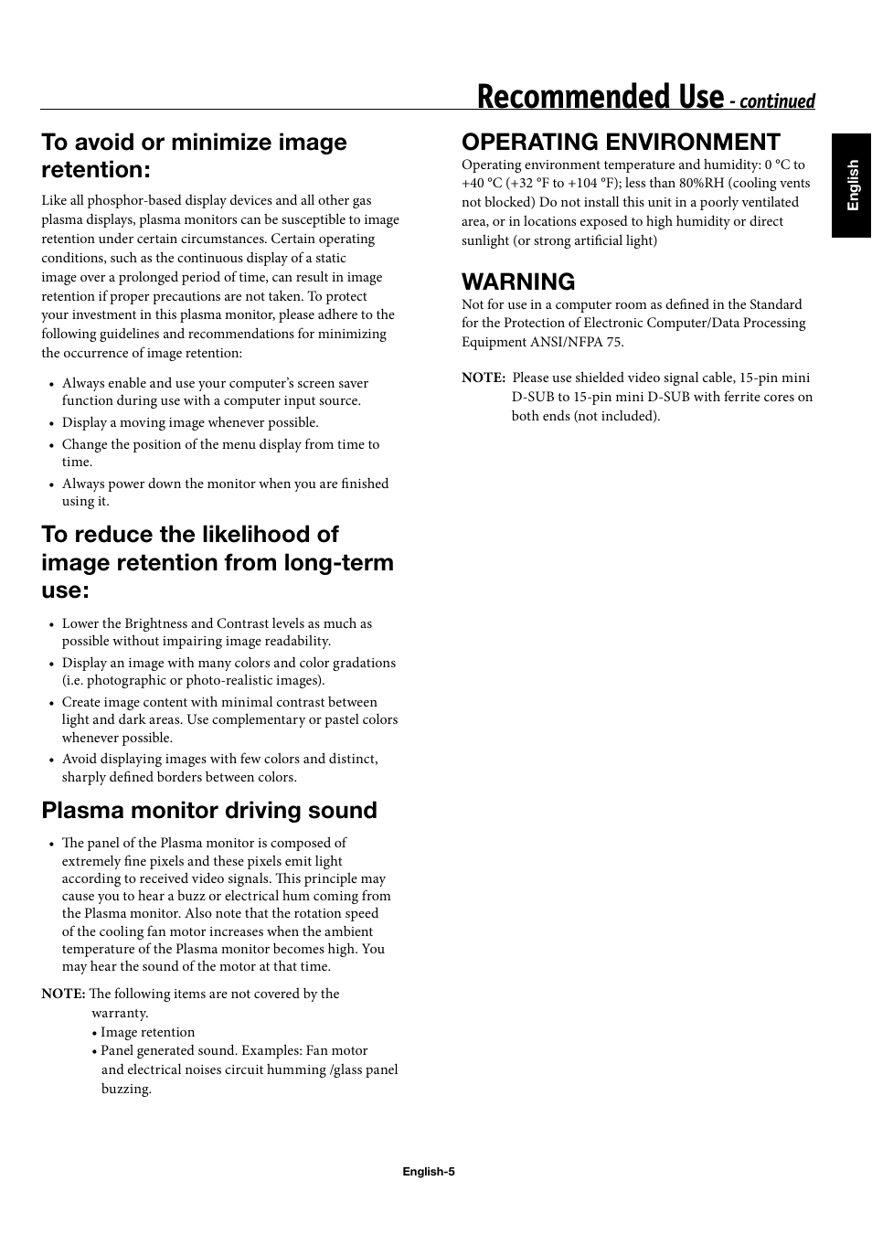 Recommended use, Plasma monitor driving sound, Operating environment | Warning, Continued | NEC 50XC10 User Manual | Page 8 / 41