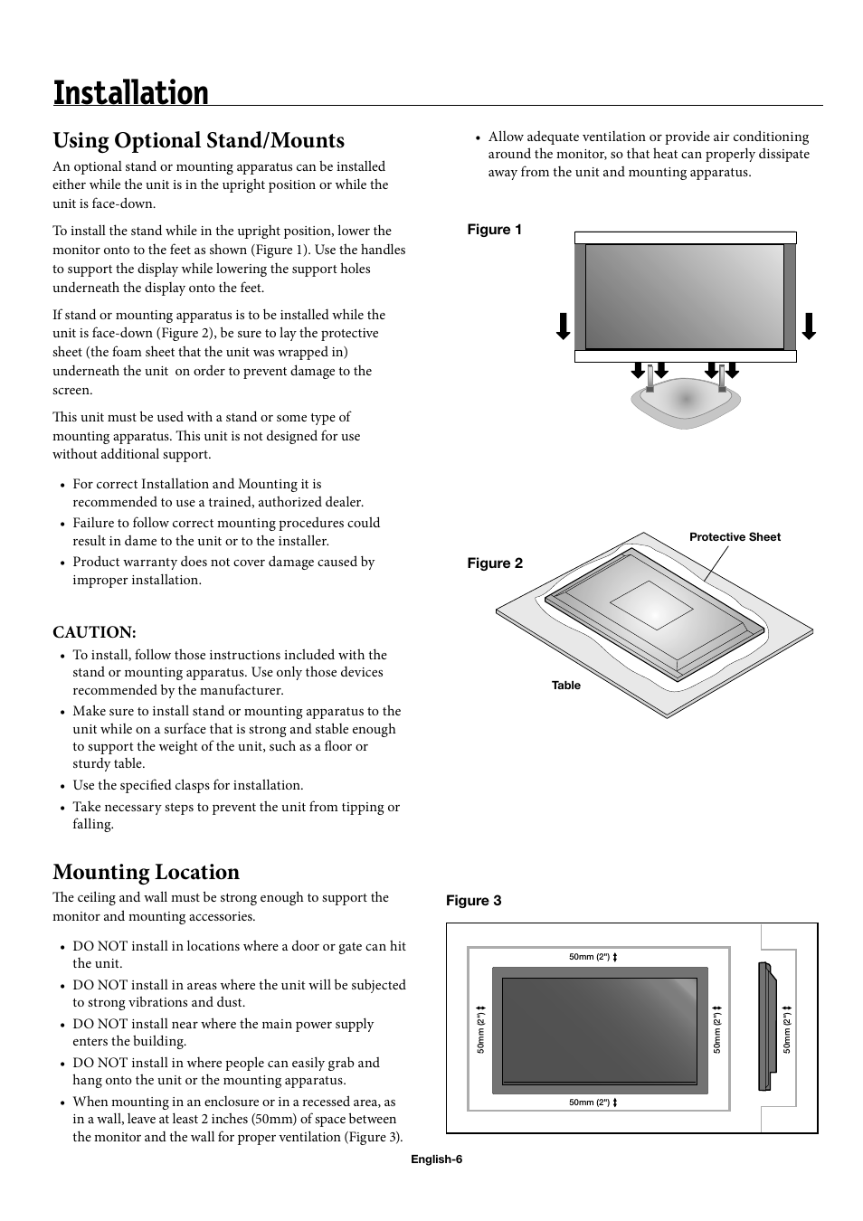 Installation, Using optional stand/mounts, Mounting location | NEC 50XC10 User Manual | Page 9 / 41