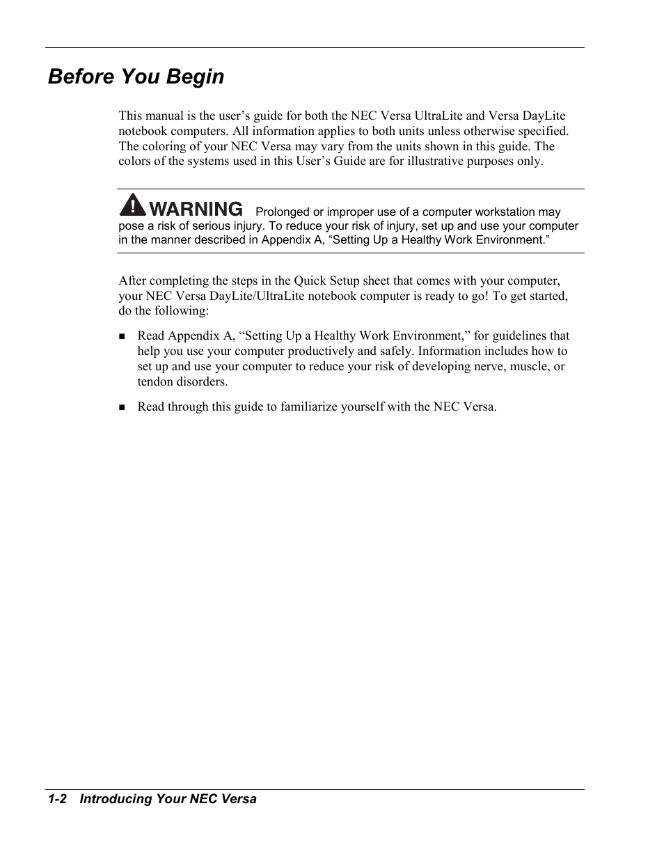 Before you begin | NEC Versa Series User Manual | Page 10 / 150