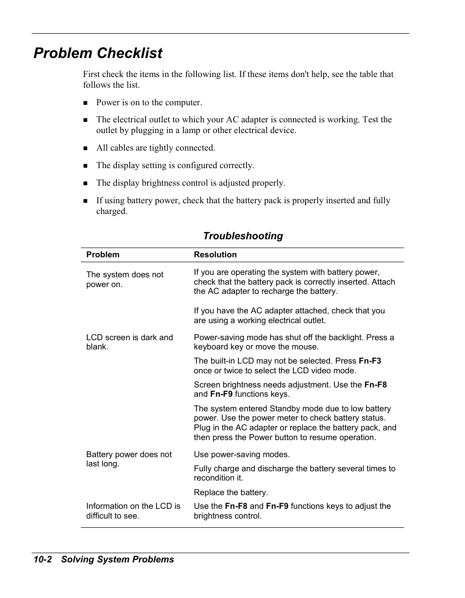 Problem checklist, Troubleshooting | NEC Versa Series User Manual | Page 100 / 150