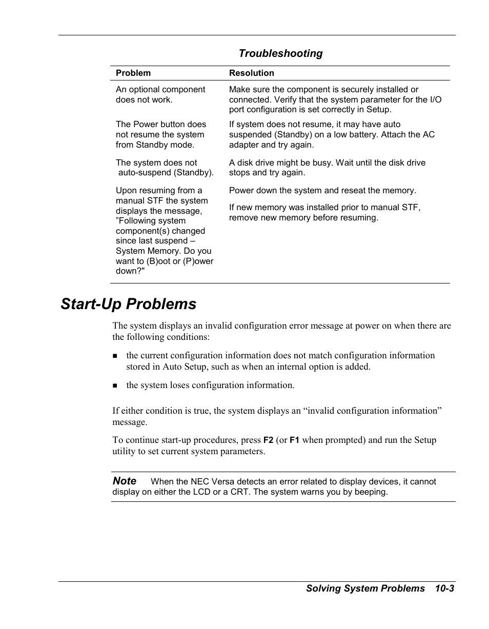 Start-up problems | NEC Versa Series User Manual | Page 101 / 150