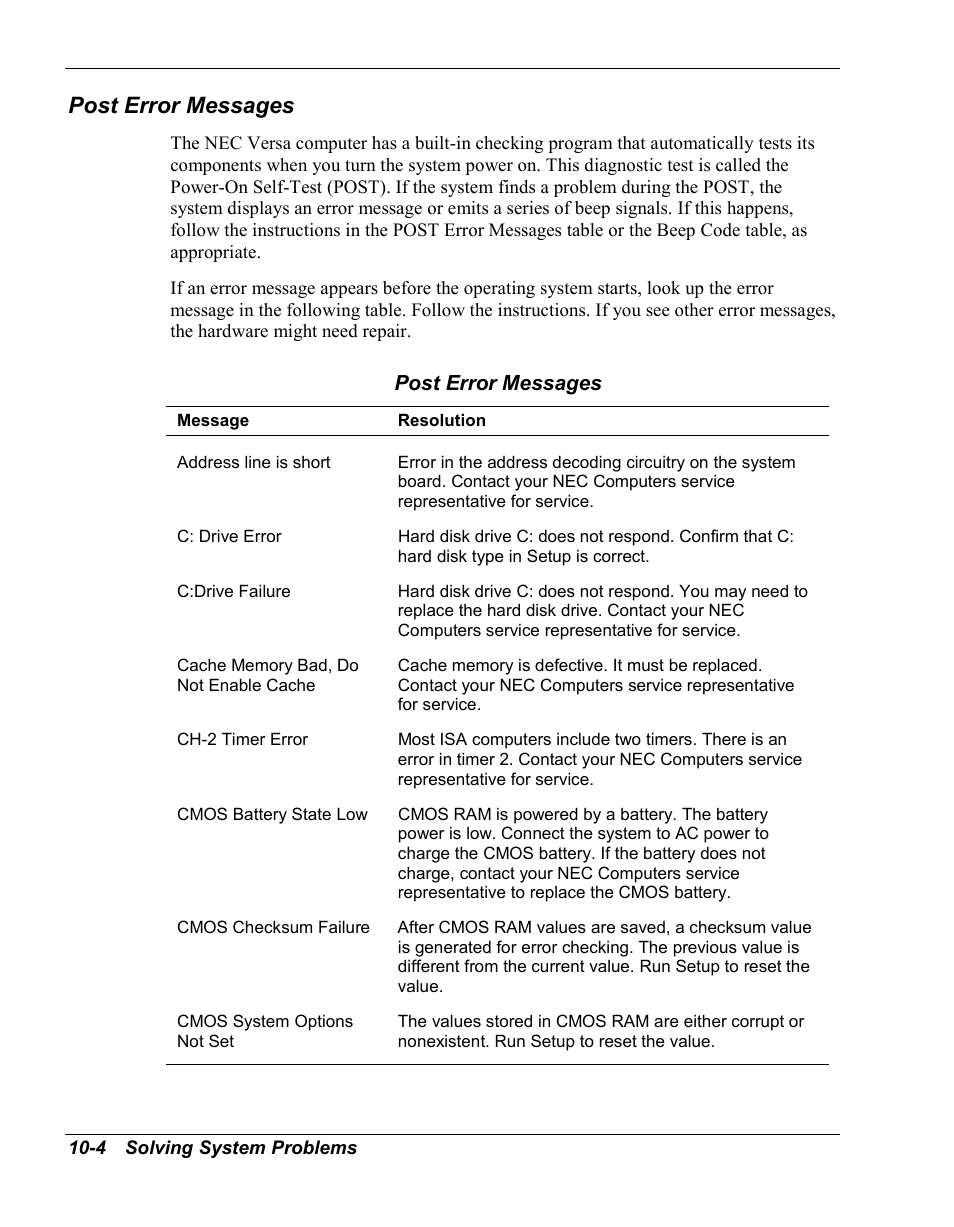 Post error messages | NEC Versa Series User Manual | Page 102 / 150