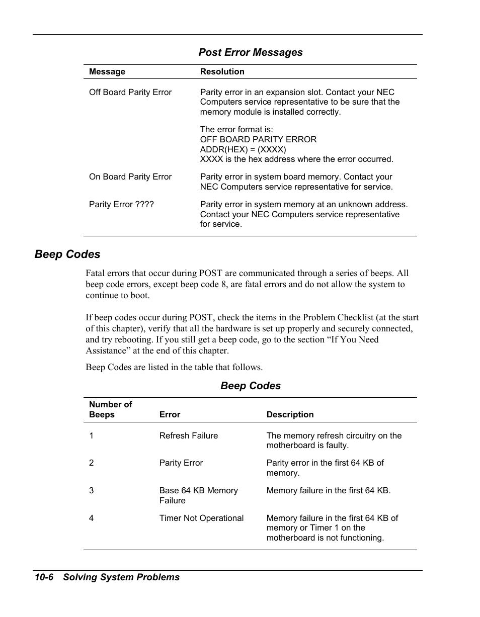 Beep codes | NEC Versa Series User Manual | Page 104 / 150