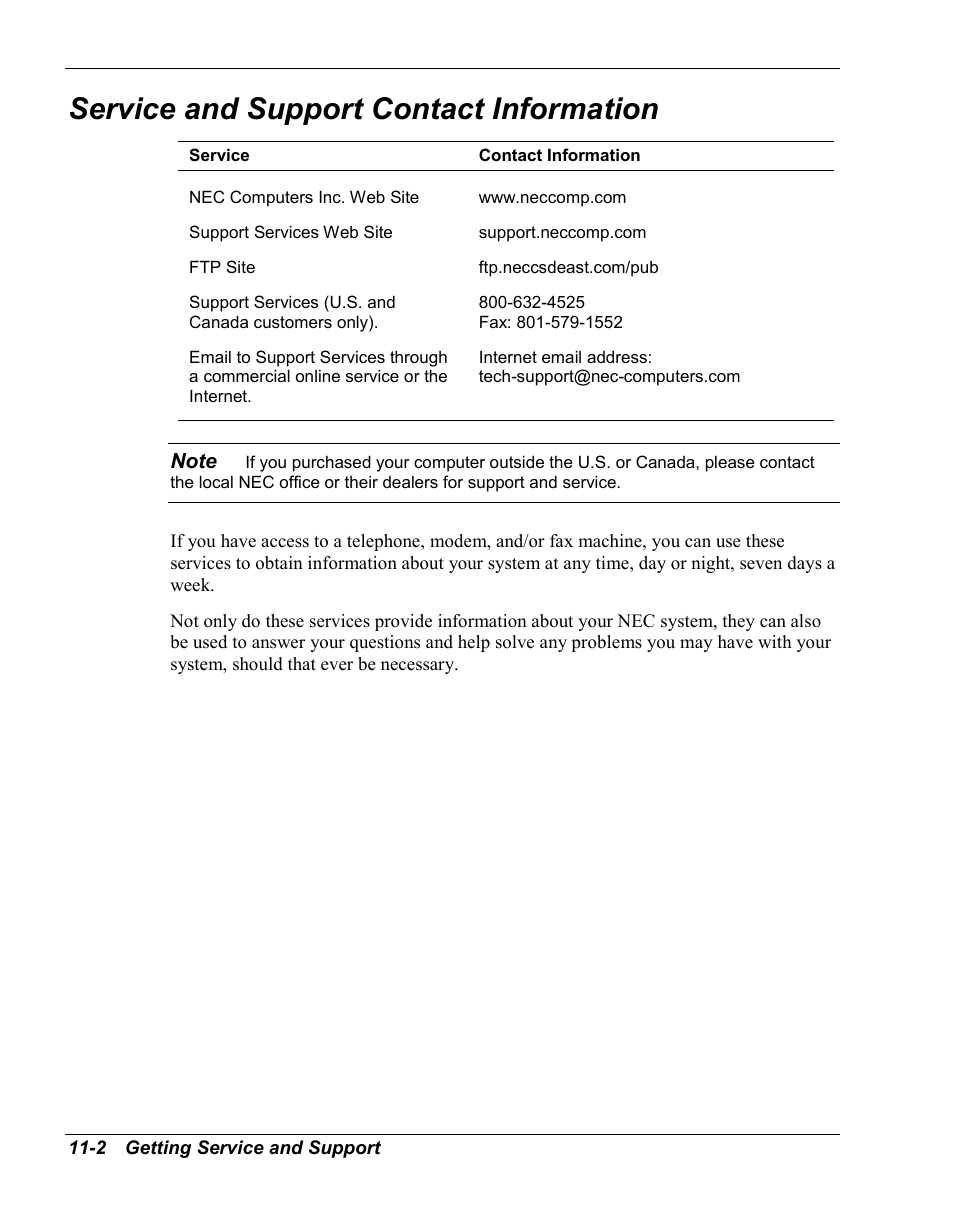 Service and support contact information | NEC Versa Series User Manual | Page 107 / 150