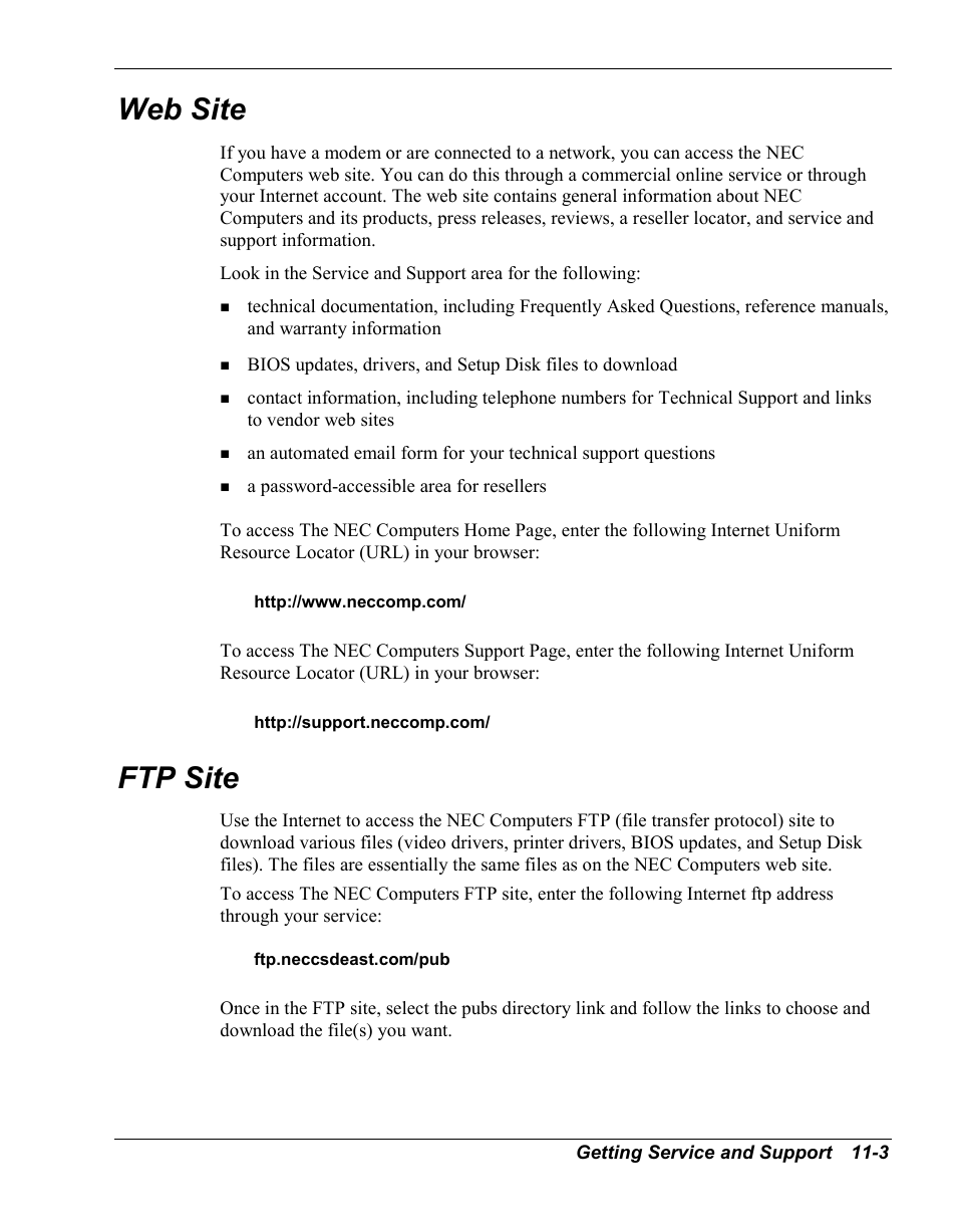Ftp site, Web site | NEC Versa Series User Manual | Page 108 / 150