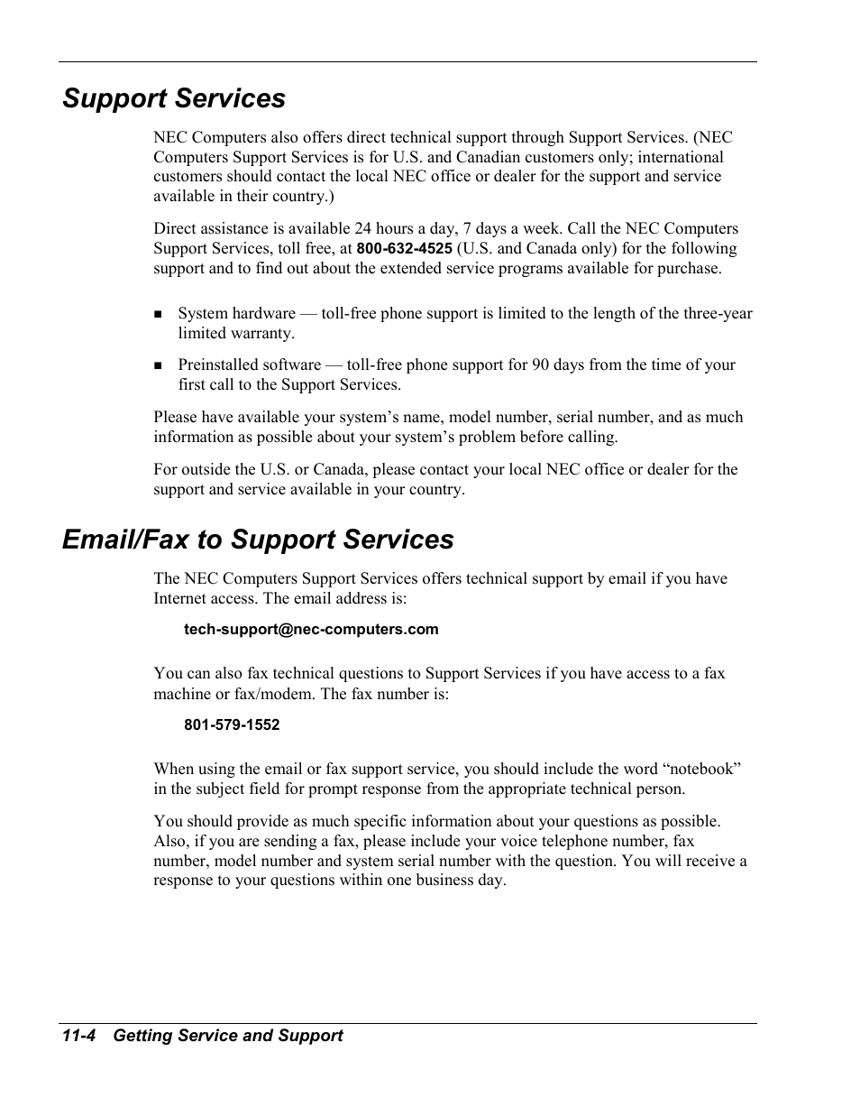Support services, Email/fax to support services | NEC Versa Series User Manual | Page 109 / 150