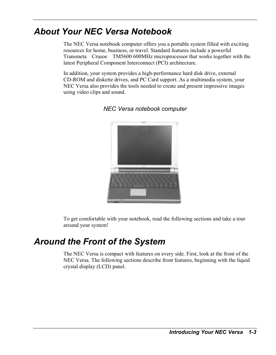 About your nec versa notebook, Around the front of the system | NEC Versa Series User Manual | Page 11 / 150