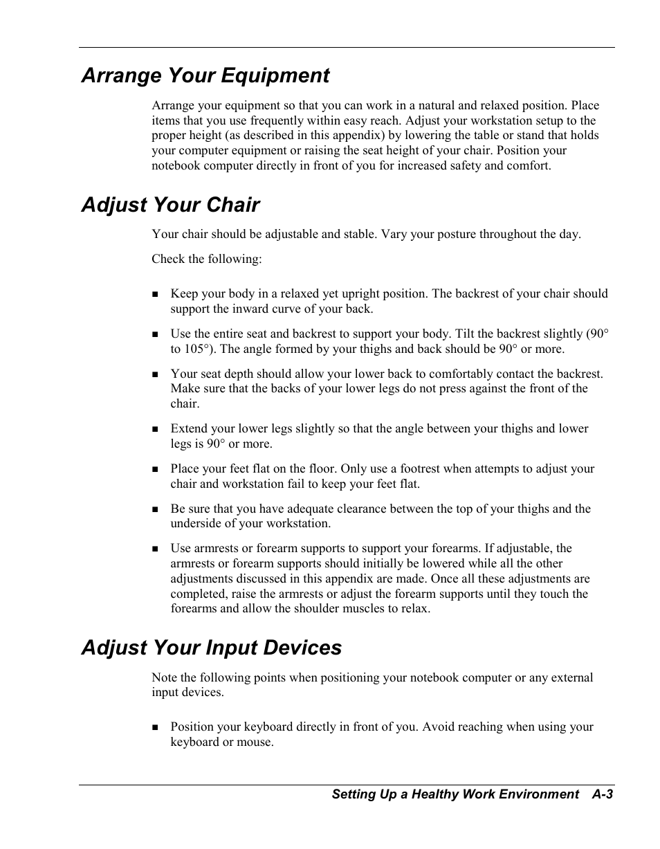 Arrange your equipment, Adjust your chair, Adjust your input devices | NEC Versa Series User Manual | Page 112 / 150