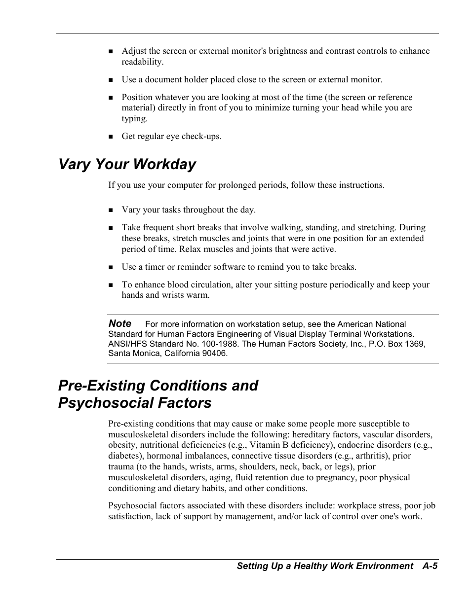 Vary your workday, Pre-existing conditions and psychosocial factors | NEC Versa Series User Manual | Page 114 / 150