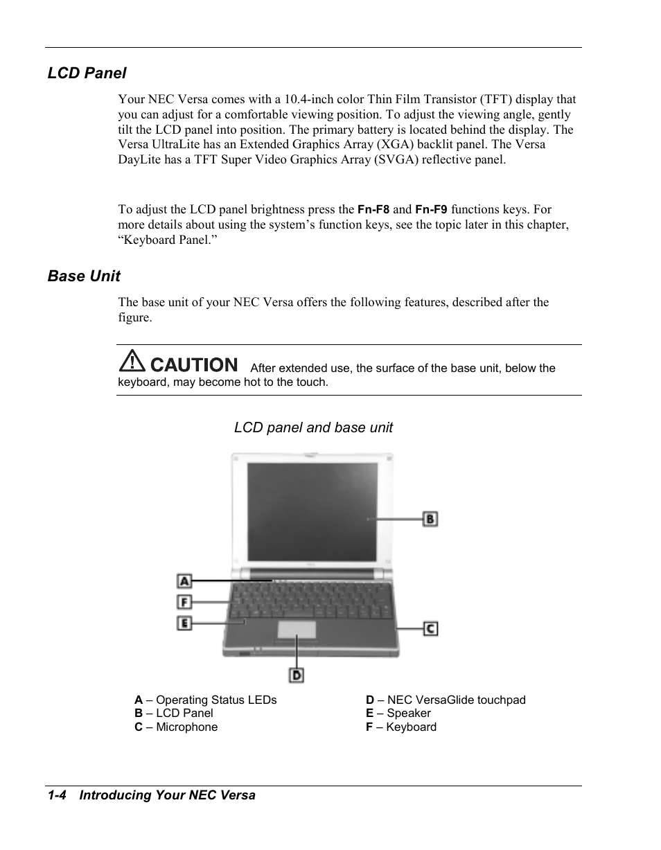 Lcd panel, Base unit | NEC Versa Series User Manual | Page 12 / 150