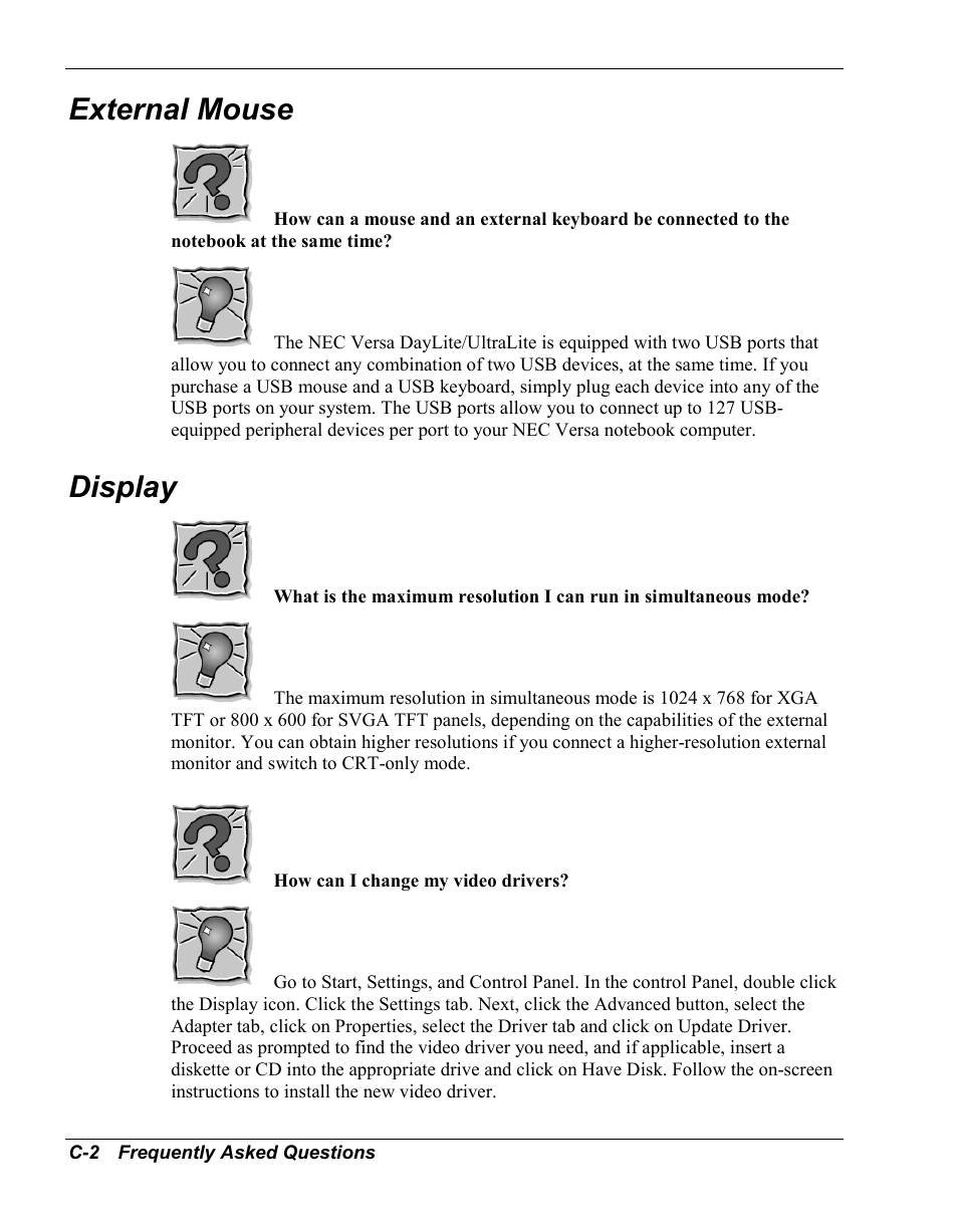 External mouse, Display | NEC Versa Series User Manual | Page 125 / 150