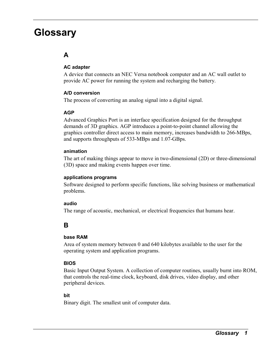 Glossary | NEC Versa Series User Manual | Page 133 / 150