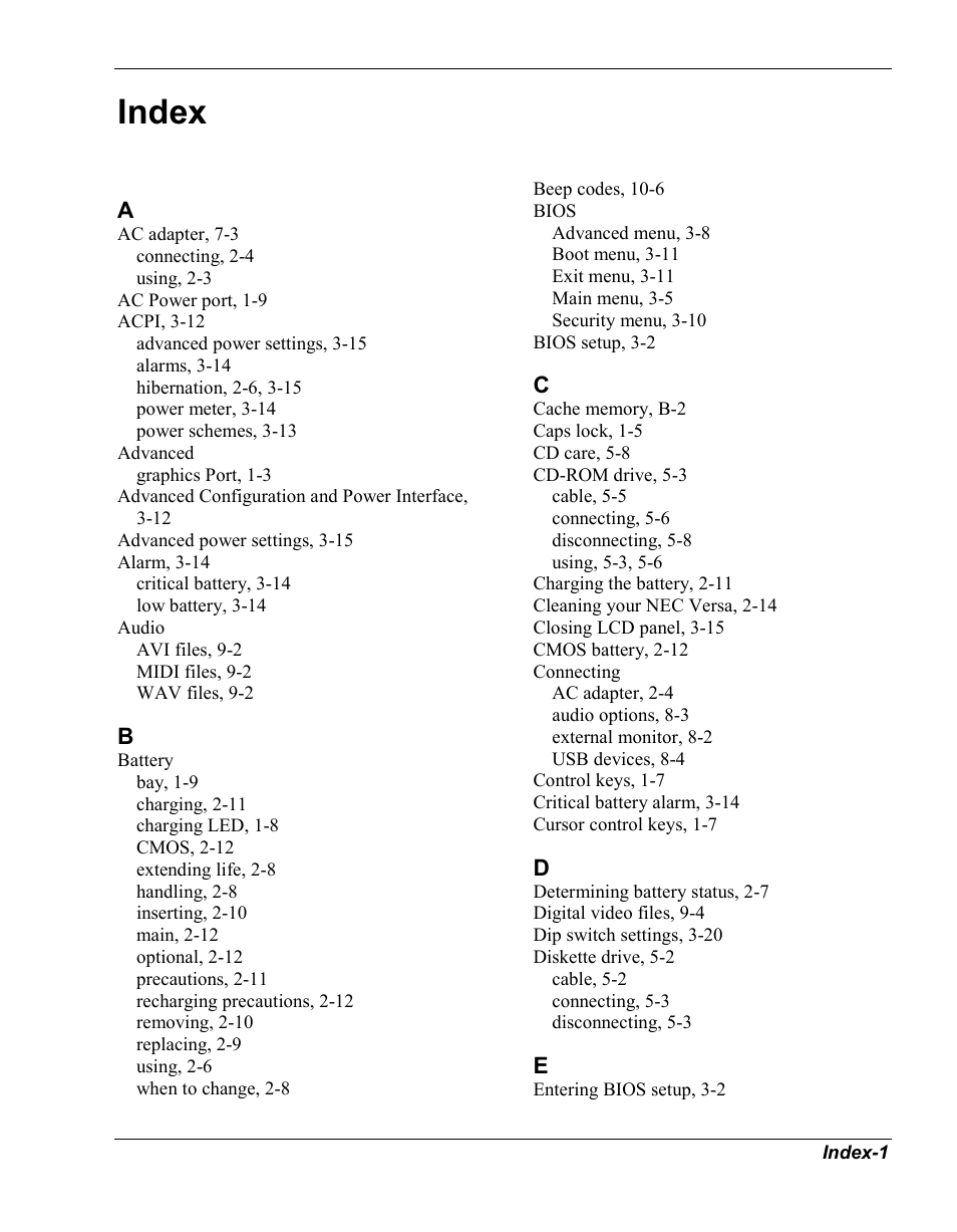 Index | NEC Versa Series User Manual | Page 144 / 150